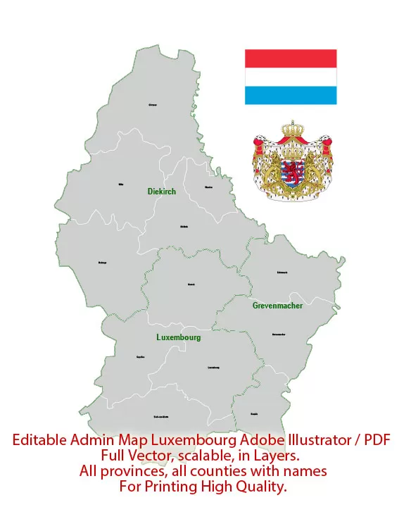 Luxembourg Map Administrative Vector Adobe Illustrator Editable PDF Provinces Counties
