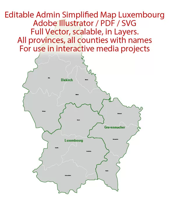 Luxembourg Map Administrative Vector Adobe Illustrator Editable PDF SVG simplified Provinces Counties