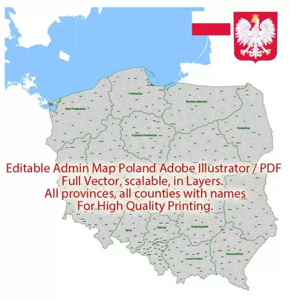 Poland Map Administrative Vector Adobe Illustrator Editable PDF Provinces Counties