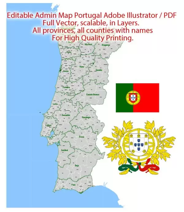 Portugal Map Administrative Vector Adobe Illustrator Editable PDF Provinces Counties
