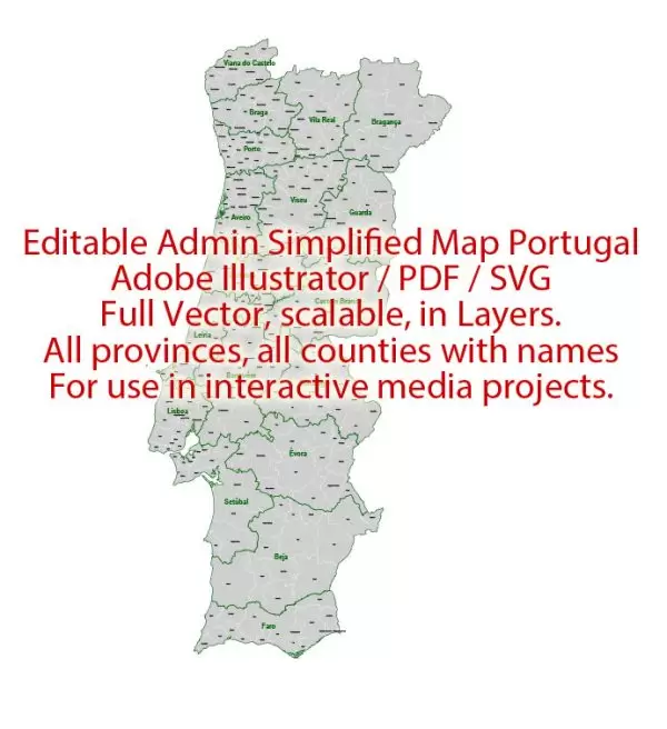 Portugal Map Administrative Vector Adobe Illustrator Editable PDF SVG simplified Provinces Counties