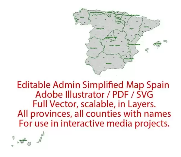 Spain Map Administrative Vector Adobe Illustrator Editable PDF SVG simplified Provinces Counties