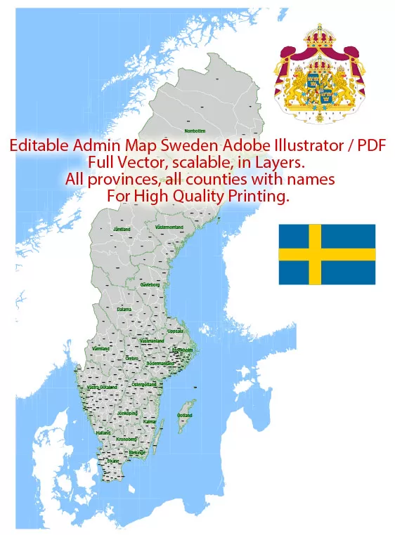 Sweden Map Administrative Vector Adobe Illustrator Editable PDF Provinces Counties