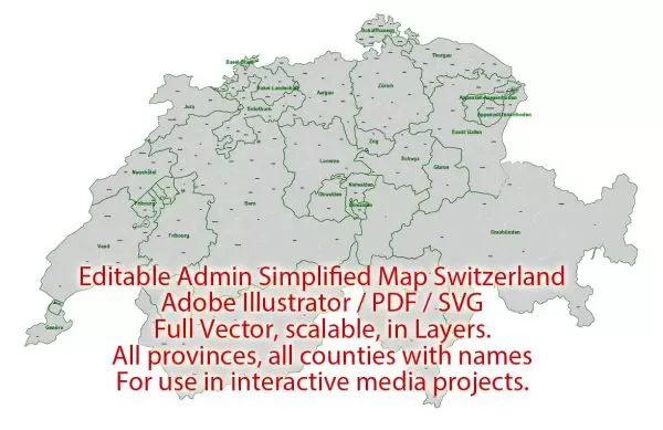 Switzerland Map Administrative Vector Adobe Illustrator Editable PDF SVG simplified Provinces Counties