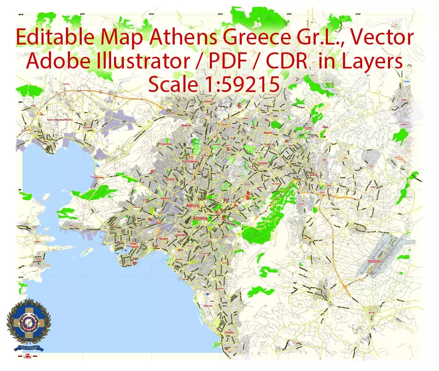 Printable Vector Map Athens + Pireas, Greece, exact City Plan 2000 meters scale Street Map, Greek, fully editable, Adobe Illustrator, scalable, editable text format all names, 9 Mb ZIP