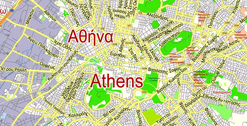 Printable Vector Map Athens + Pireas, Greece, exact City Plan 2000 meters scale Street Map, Greek, fully editable, Adobe Illustrator, scalable, editable text format all names, 9 Mb ZIP