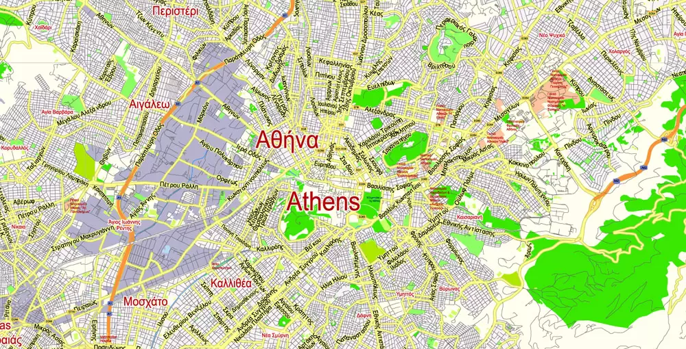 Printable Vector Map Athens + Pireas, Greece, exact City Plan 2000 meters scale Street Map, Greek, fully editable, Adobe Illustrator, scalable, editable text format all names, 9 Mb ZIP