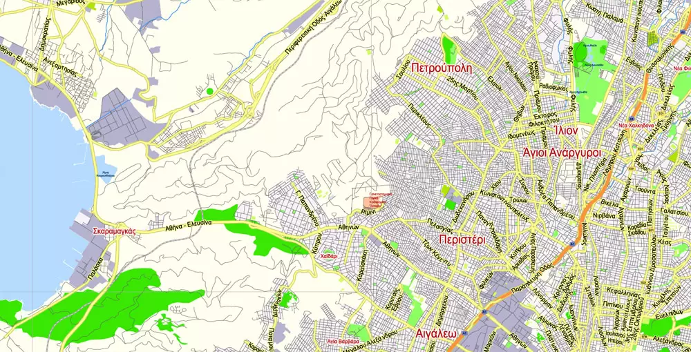 Printable Vector Map Athens + Pireas, Greece, exact City Plan 2000 meters scale Street Map, Greek, fully editable, Adobe Illustrator, scalable, editable text format all names, 9 Mb ZIP