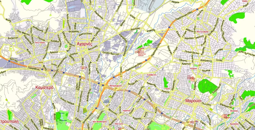 Printable Vector Map Athens + Pireas, Greece, exact City Plan 2000 meters scale Street Map, Greek, fully editable, Adobe Illustrator, scalable, editable text format all names, 9 Mb ZIP