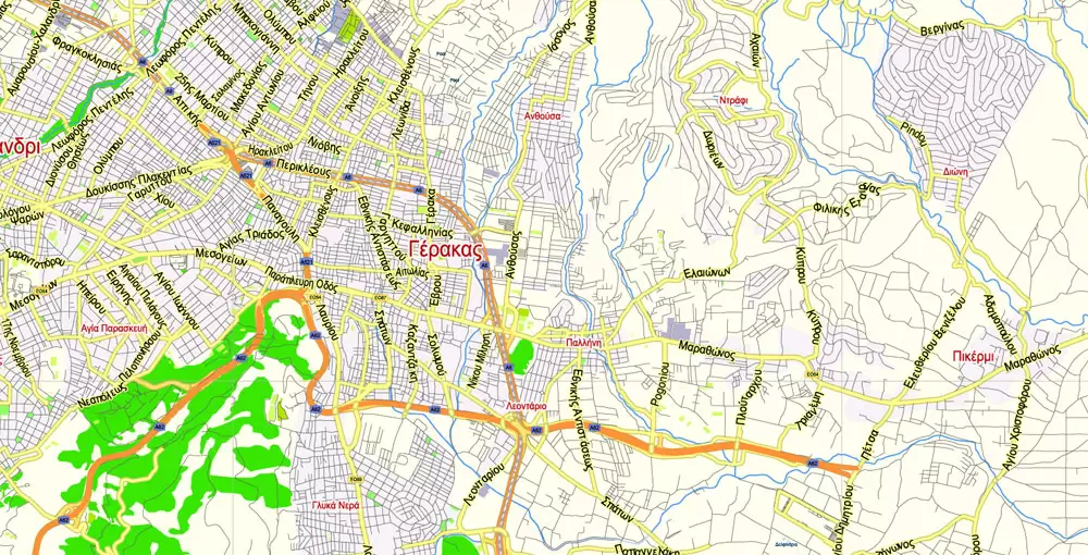 Printable Vector Map Athens + Pireas, Greece, exact City Plan 2000 meters scale Street Map, Greek, fully editable, Adobe Illustrator, scalable, editable text format all names, 9 Mb ZIP