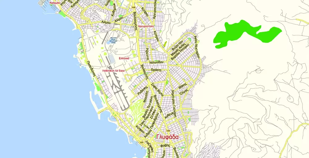 Printable Vector Map Athens + Pireas, Greece, exact City Plan 2000 meters scale Street Map, Greek, fully editable, Adobe Illustrator, scalable, editable text format all names, 9 Mb ZIP