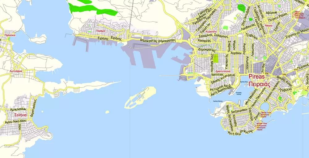 Athens + Piraeus Greece Printable Vector Map, Greece, exact City Plan, 2000 meters scale Street Map Greek names fully editable, Adobe Illustrator