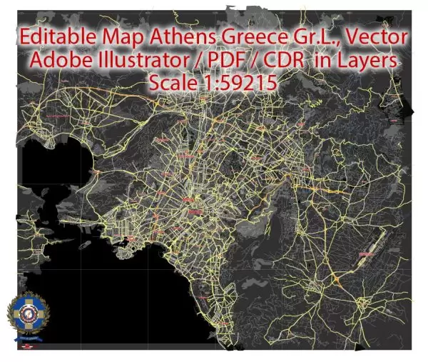 Printable Vector Map Athens + Pireas BW, Greece, exact City Plan 2000 meters scale Street Map, Greek, fully editable, Adobe Illustrator