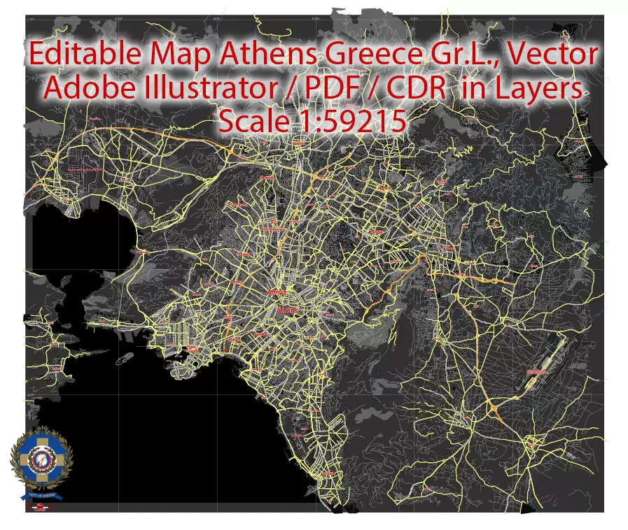 Printable Vector Map Athens + Pireas BW, Greece, exact City Plan 2000 meters scale Street Map, Greek, fully editable, Adobe Illustrator