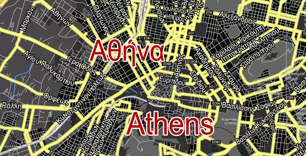 Printable Vector Map Athens + Pireas BW, Greece, exact City Plan 2000 meters scale Street Map, Greek, fully editable, Adobe Illustrator