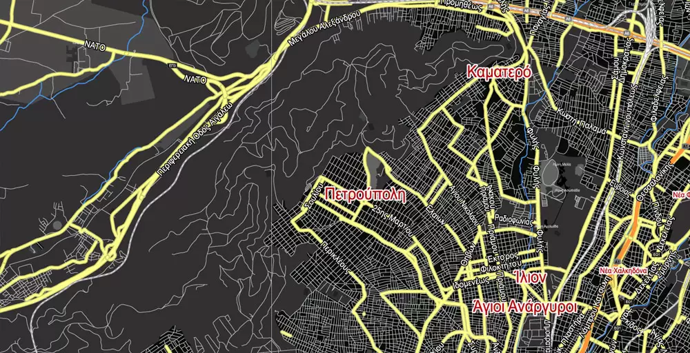 Printable Vector Map Athens + Pireas BW, Greece, exact City Plan 2000 meters scale Street Map, Greek, fully editable, Adobe Illustrator