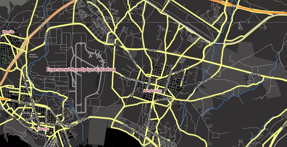 Printable Vector Map Athens + Pireas BW, Greece, exact City Plan 2000 meters scale Street Map, Greek, fully editable, Adobe Illustrator