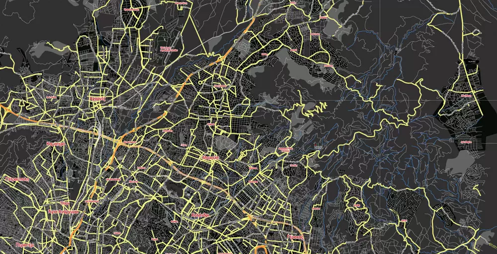 Printable Vector Map Athens + Pireas BW, Greece, exact City Plan 2000 meters scale Street Map, Greek, fully editable, Adobe Illustrator