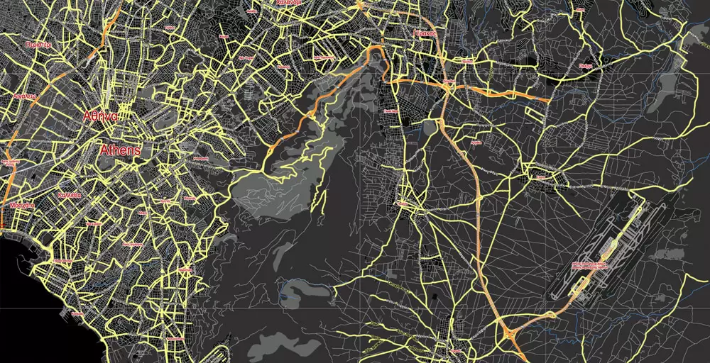 Printable Vector Map Athens + Pireas BW, Greece, exact City Plan 2000 meters scale Street Map, Greek, fully editable, Adobe Illustrator