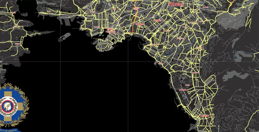 Printable Vector Map Athens + Pireas BW, Greece, exact City Plan 2000 meters scale Street Map, Greek, fully editable, Adobe Illustrator