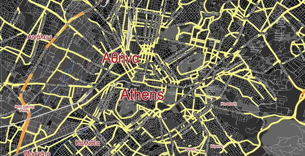 Printable Vector Map Athens + Pireas BW, Greece, exact City Plan 2000 meters scale Street Map, Greek, fully editable, Adobe Illustrator