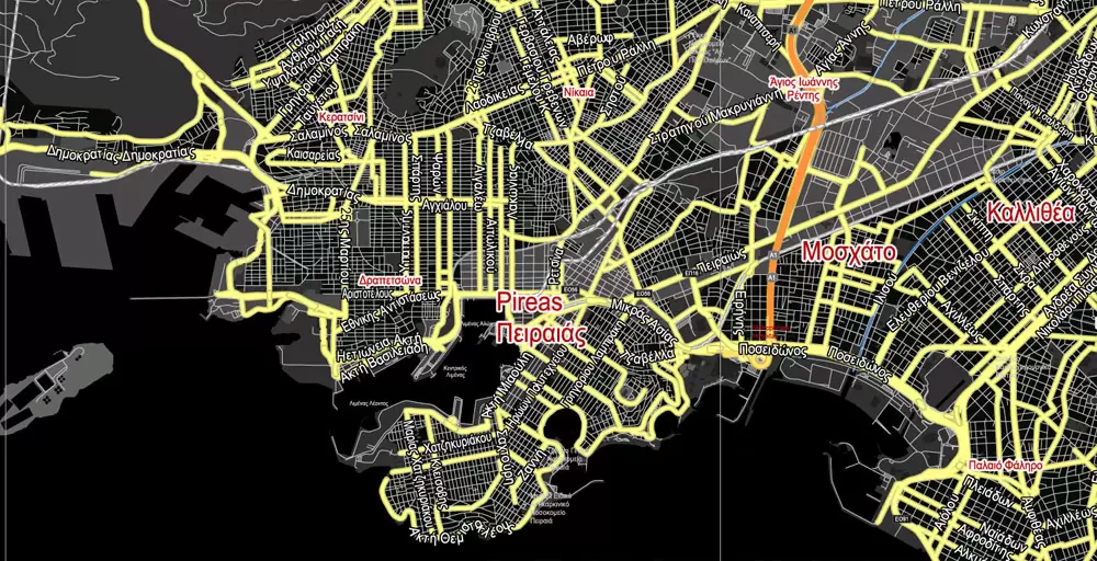 Printable Vector Map Athens + Pireas BW, Greece, exact City Plan 2000 meters scale Street Map, Greek, fully editable, Adobe Illustrator