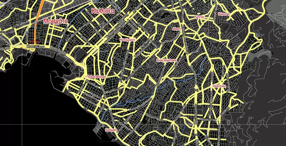 Printable Vector Map Athens + Pireas BW, Greece, exact City Plan 2000 meters scale Street Map, Greek, fully editable, Adobe Illustrator
