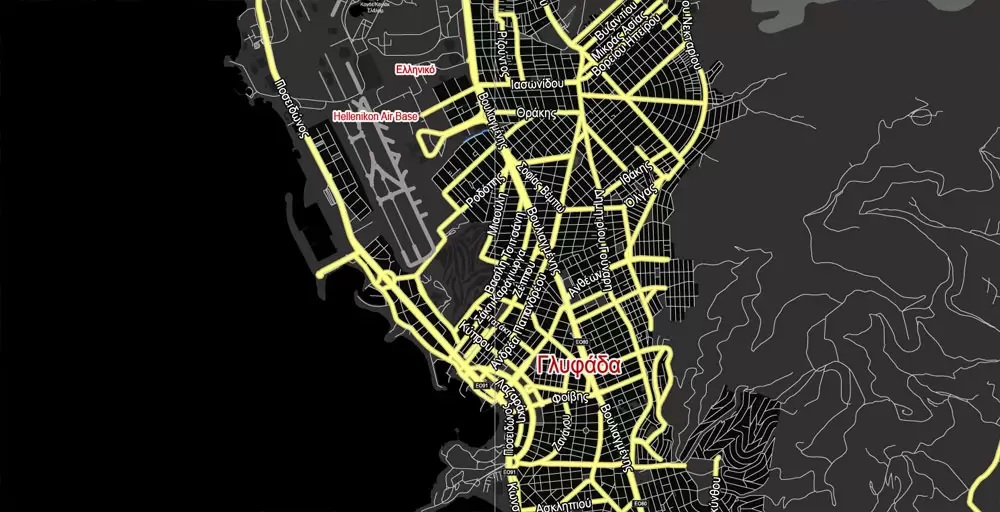 Printable Vector Map Athens + Pireas BW, Greece, exact City Plan 2000 meters scale Street Map, Greek, fully editable, Adobe Illustrator