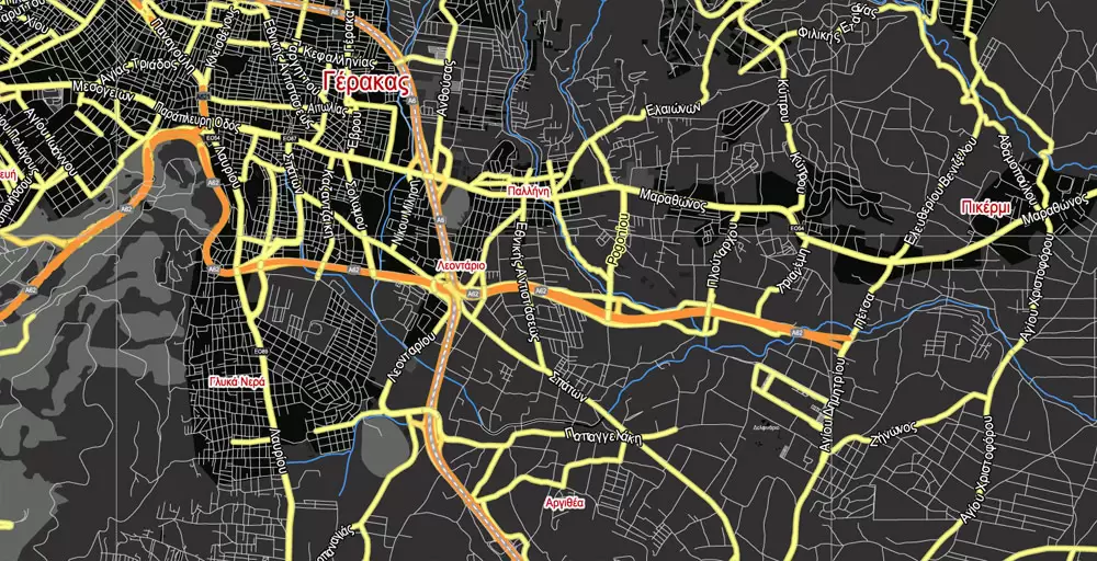 Printable Vector Map Athens + Pireas BW, Greece, exact City Plan 2000 meters scale Street Map, Greek, fully editable, Adobe Illustrator