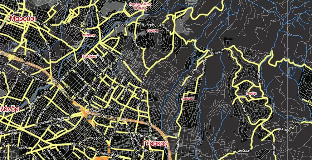 Printable Vector Map Athens + Pireas BW, Greece, exact City Plan 2000 meters scale Street Map, Greek, fully editable, Adobe Illustrator