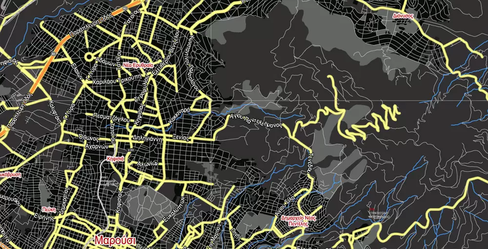Printable Vector Map Athens + Pireas BW, Greece, exact City Plan 2000 meters scale Street Map, Greek, fully editable, Adobe Illustrator