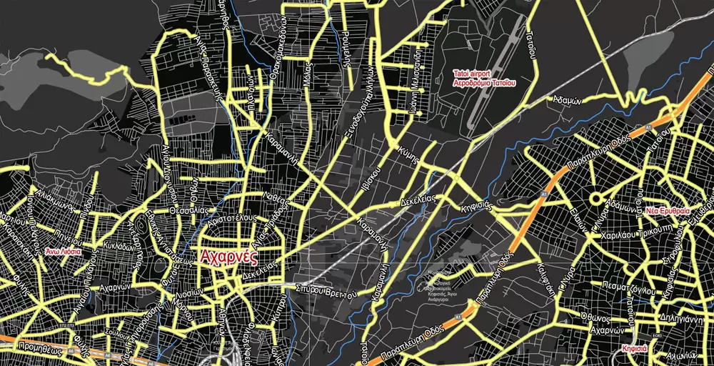 Printable Vector Map Athens + Pireas BW, Greece, exact City Plan 2000 meters scale Street Map, Greek, fully editable, Adobe Illustrator