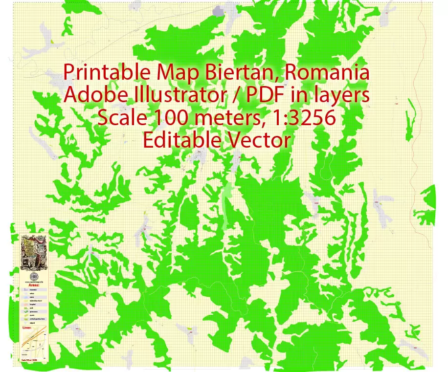 Printable Vector Map Biertan Romania, exact detailed City Plan, Scale 1:3256, editable Layered Adobe Illustrator Street Map, 6 Mb ZIP