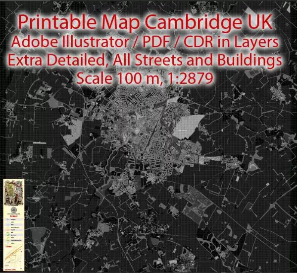 Printable Vector Map Cambridge UK, exact detailed City Plan all Buildings, Scale 1:2879, editable Layered Adobe Illustrator BW Street Map
