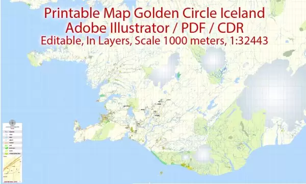 Printable Vector Map Golden Cirkle Iceland, base map 100 meters Scale 1:32443, editable Layered Adobe Illustrator Road Map