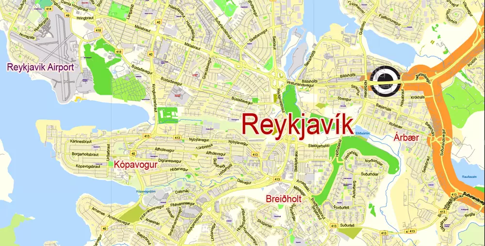 Printable Vector Map Golden Cirkle Iceland, base map 100 meters Scale 1:32443, editable Layered Adobe Illustrator Road Map