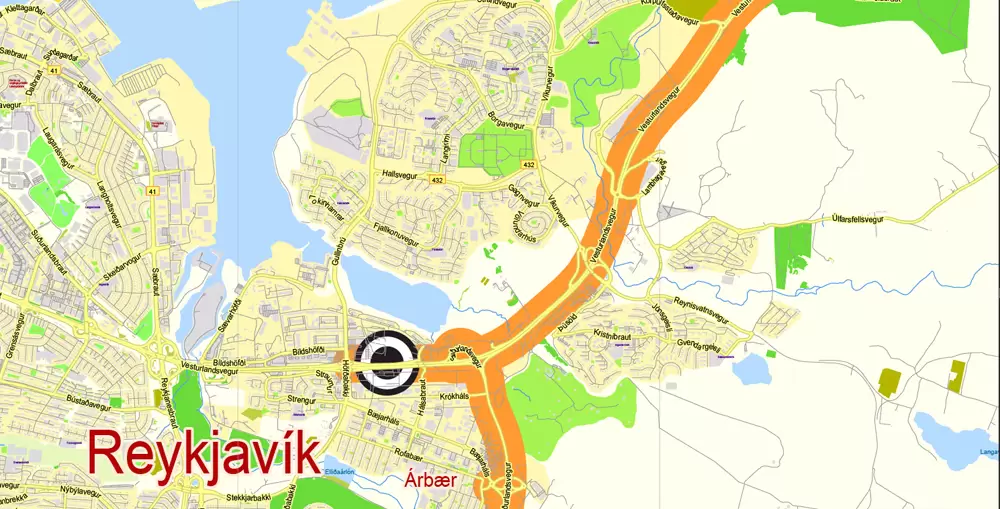 Printable Vector Map Golden Cirkle Iceland, base map 100 meters Scale 1:32443, editable Layered Adobe Illustrator Road Map