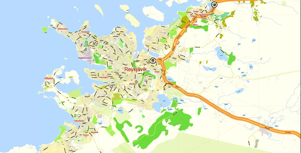 Printable Vector Map Golden Cirkle Iceland, base map 100 meters Scale 1:32443, editable Layered Adobe Illustrator Road Map