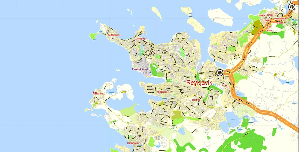 Printable Vector Map Golden Cirkle Iceland, base map 100 meters Scale 1:32443, editable Layered Adobe Illustrator Road Map