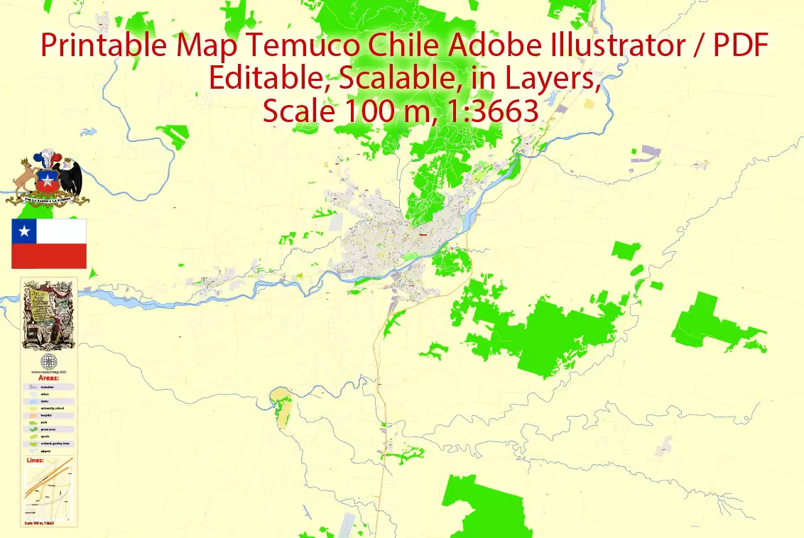 Map Temuco, Chile, exact vector City Plan full editable, Adobe Illustrator Street Map Printable
