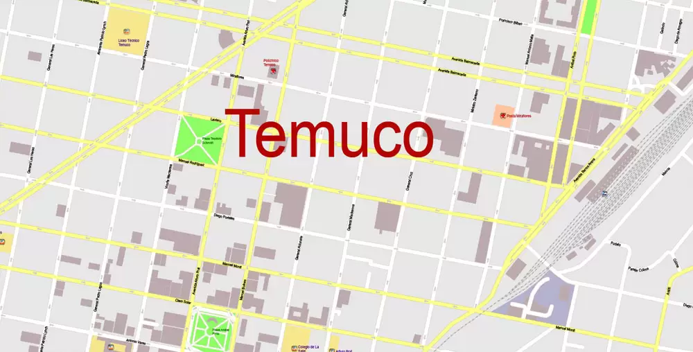 Map Temuco, Chile, exact vector City Plan full editable, Adobe Illustrator Street Map Printable