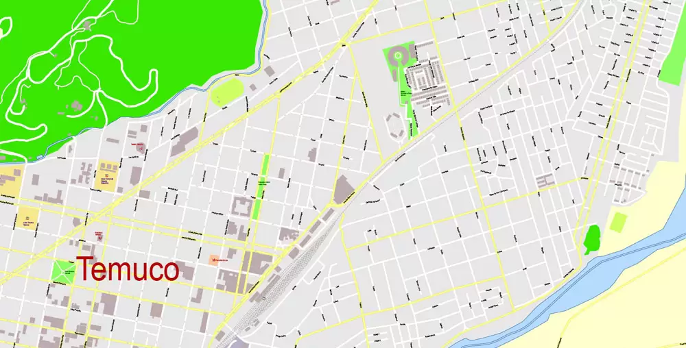 Map Temuco, Chile, exact vector City Plan full editable, Adobe Illustrator Street Map Printable