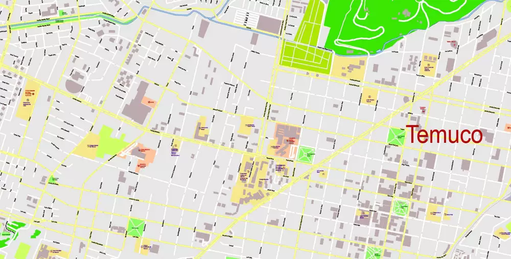 Map Temuco, Chile, exact vector City Plan full editable, Adobe Illustrator Street Map Printable