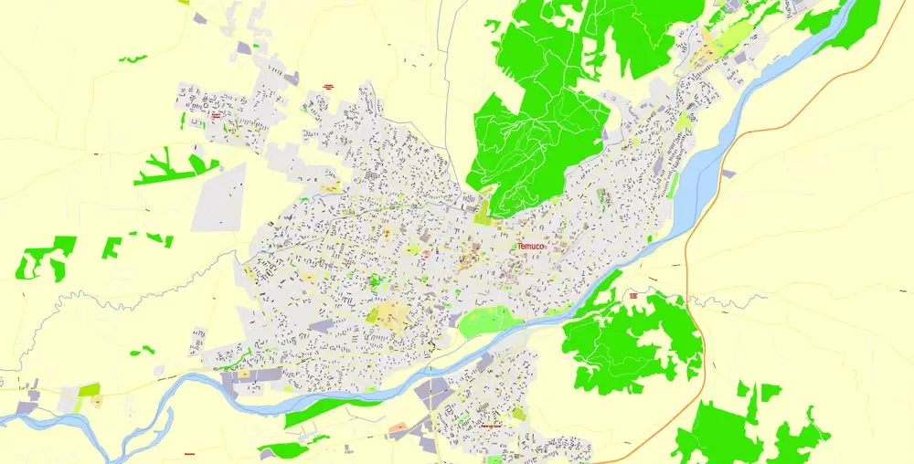 Map Temuco, Chile, exact vector City Plan full editable, Adobe Illustrator Street Map Printable