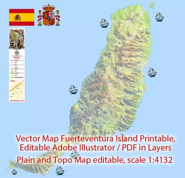 Fuerteventura Map Island Canary Spain, exact detailed City Plan Principal Buildings, Topo + Plain Map scale 1:4131, editable Layered Adobe Illustrator Street Map