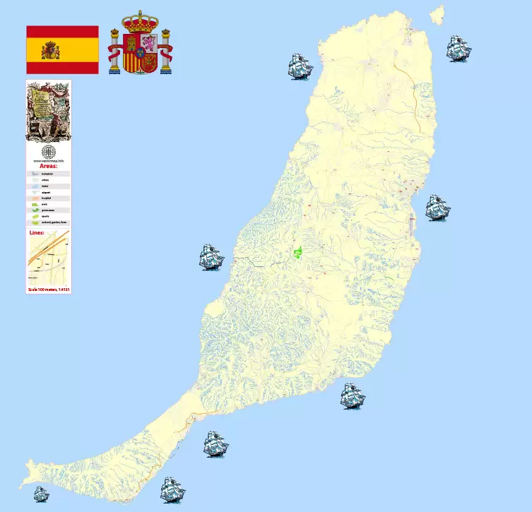 Fuerteventura Map Island Canary Spain, exact detailed City Plan Principal Buildings, Topo + Plain Map scale 1:4131, editable Layered Adobe Illustrator Street Map