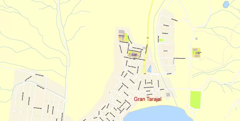 Fuerteventura Map Island Canary Spain, exact detailed City Plan Principal Buildings, Topo + Plain Map scale 1:4131, editable Layered Adobe Illustrator Street Map