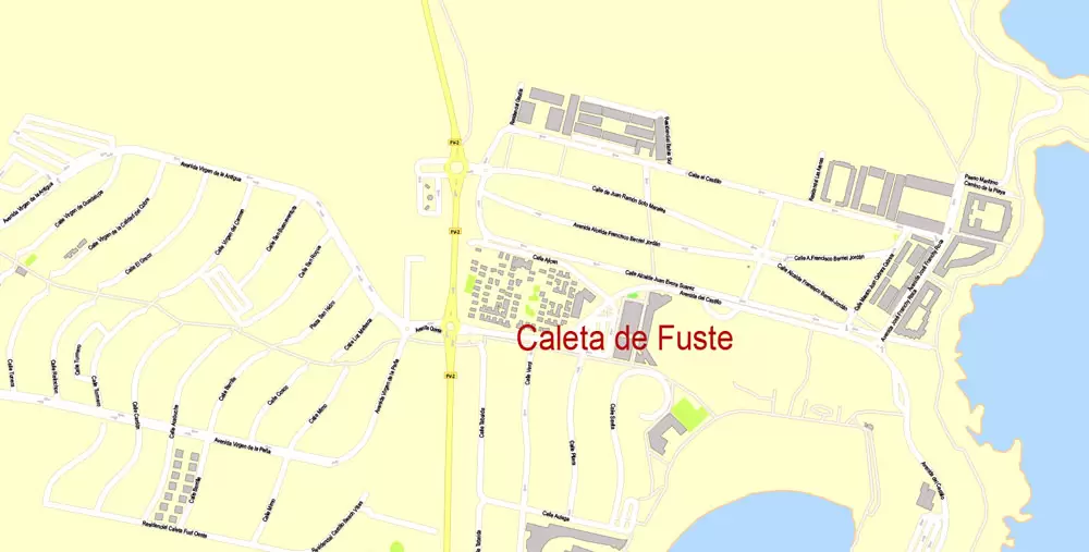 Fuerteventura Map Island Canary Spain, exact detailed City Plan Principal Buildings, Topo + Plain Map scale 1:4131, editable Layered Adobe Illustrator Street Map
