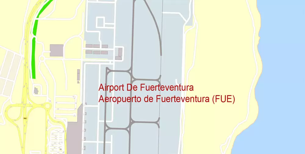Fuerteventura Map Island Canary Spain, exact detailed City Plan Principal Buildings, Topo + Plain Map scale 1:4131, editable Layered Adobe Illustrator Street Map