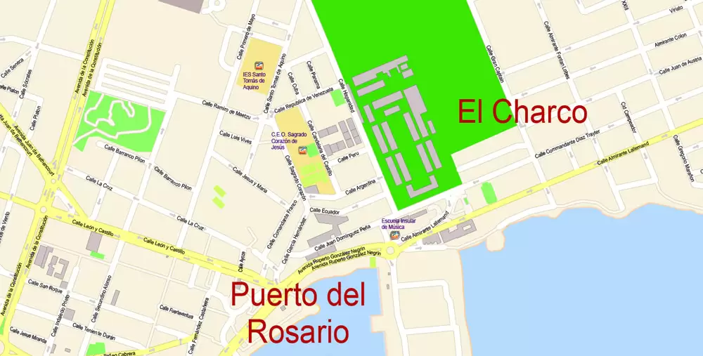 Fuerteventura Map Island Canary Spain, exact detailed City Plan Principal Buildings, Topo + Plain Map scale 1:4131, editable Layered Adobe Illustrator Street Map